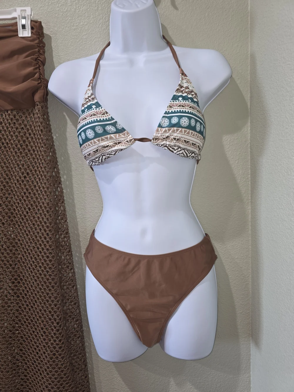 Brown Mesh Swim Cover-Up Skirt with Matching Bikini Set